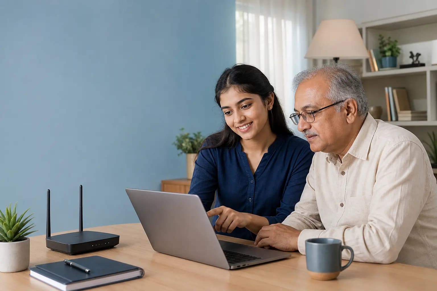 A young Indian woman helping an older Indian man learn website setup on a laptop beside a home router