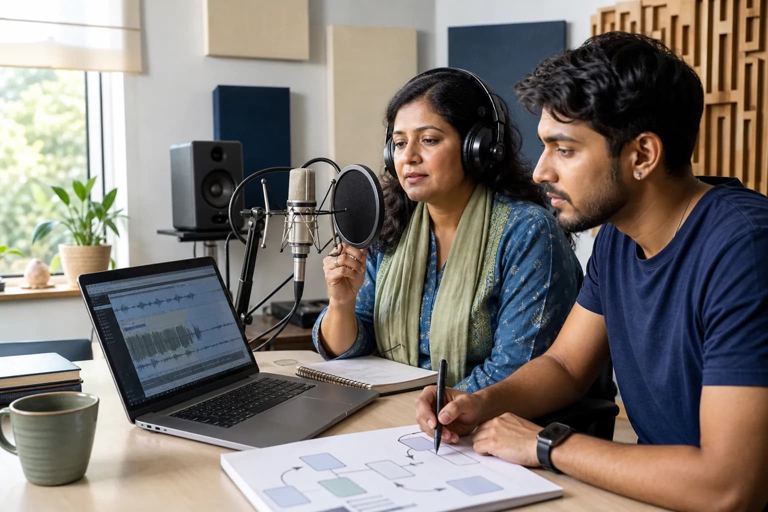 An Indian narrator recording at a studio microphone while an audio producer reviews a waveform and production checklist