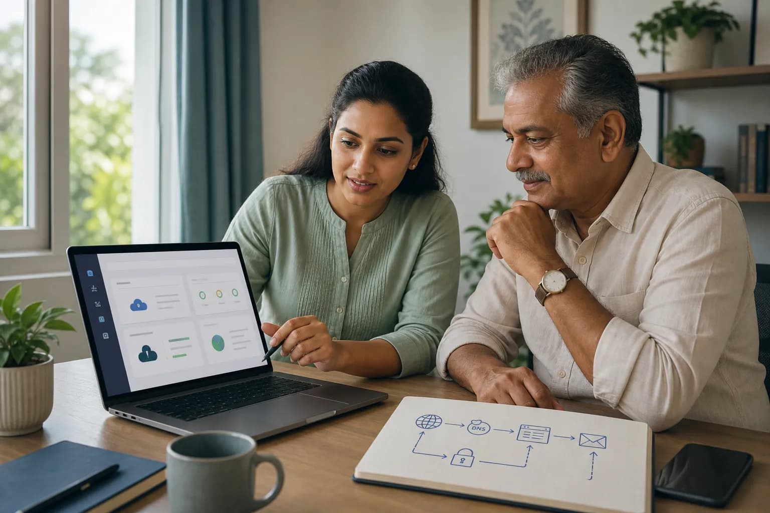 An Indian mentor helping an older small-business owner understand a website hosting dashboard and a domain, DNS, security and email flow