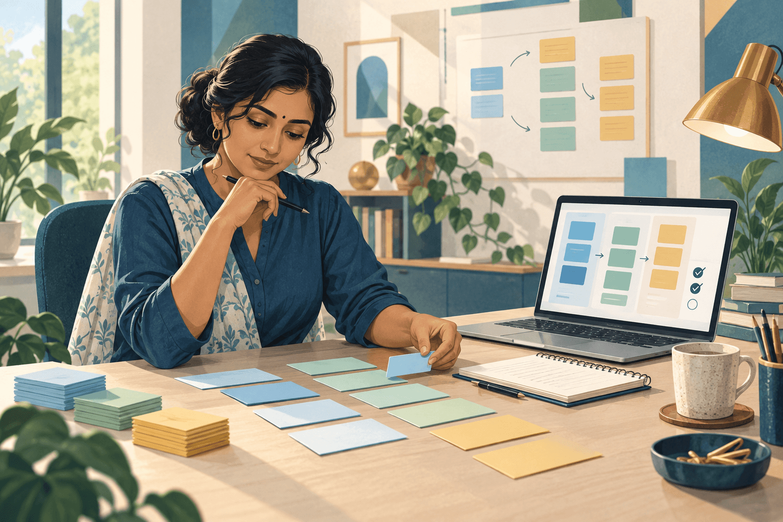 Original illustration of an Indian workshop coordinator arranging question cards into a clear, reviewed learning workflow.