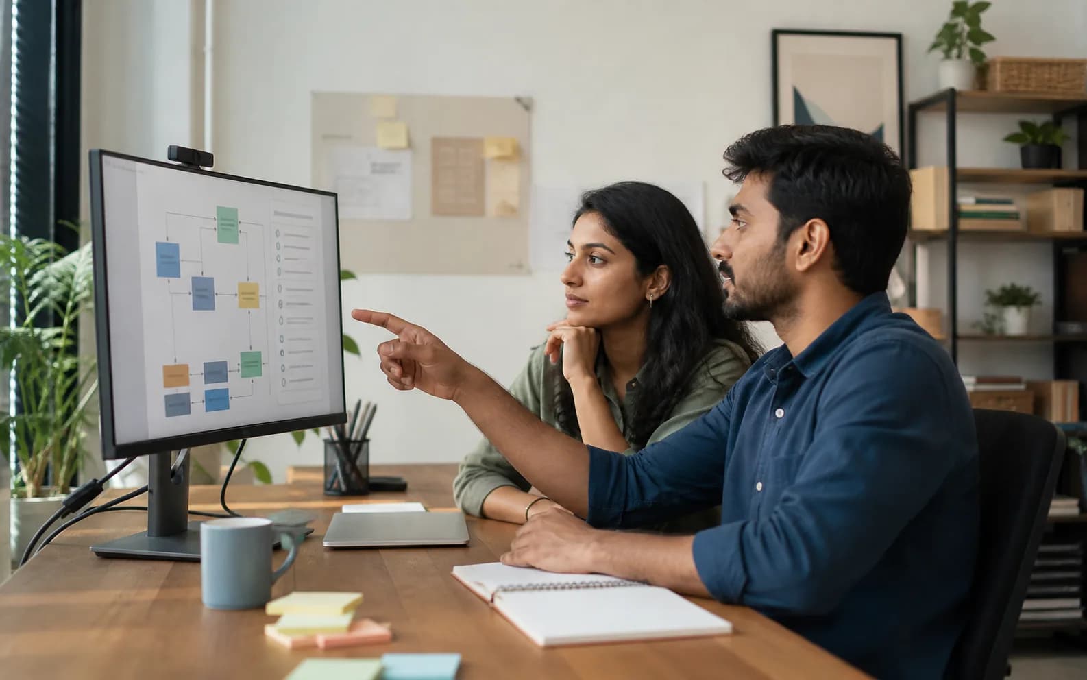 Two Indian professionals reviewing a structured AI workflow on a monitor