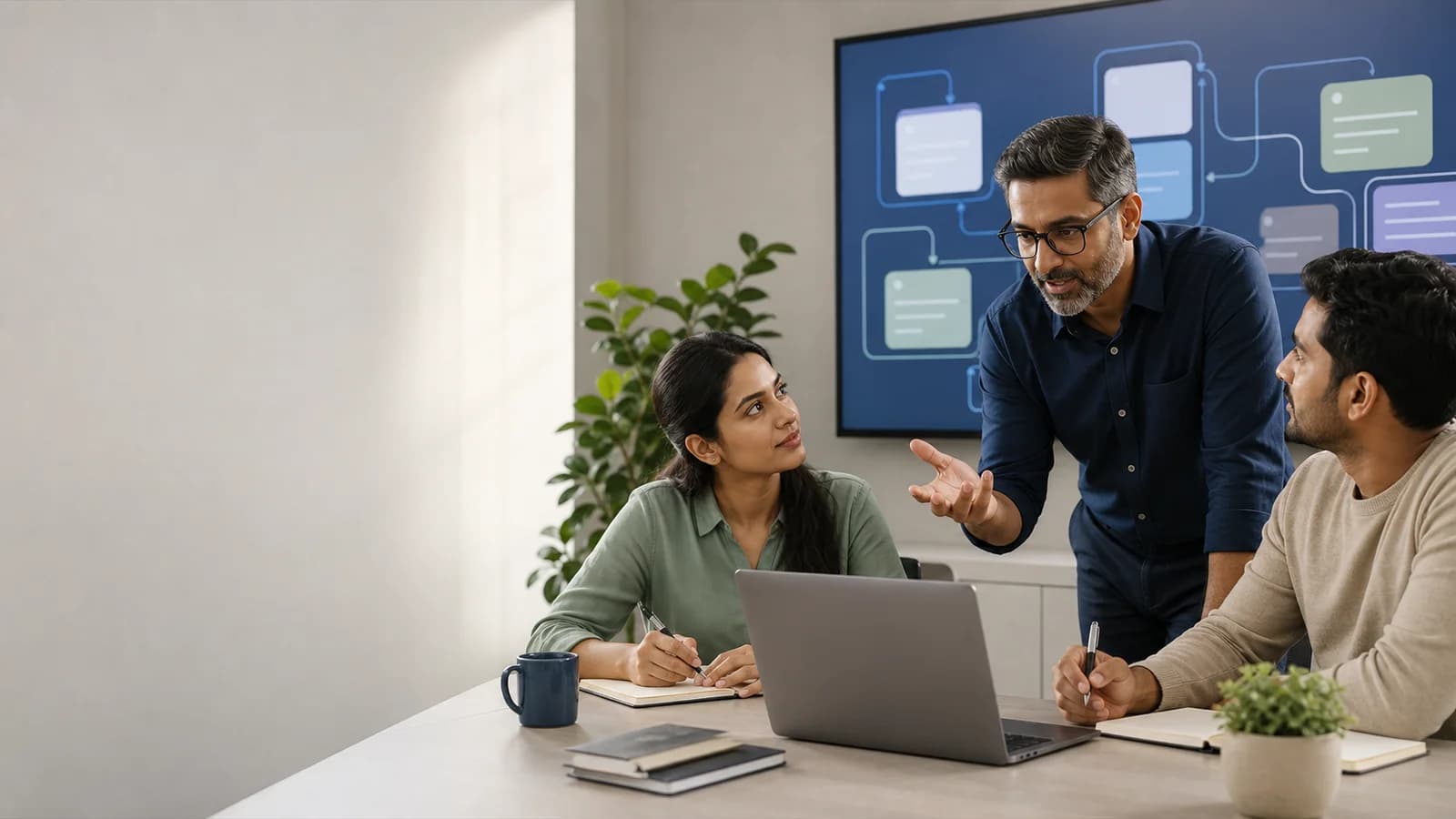 Three Indian professionals learning an AI workflow together around a laptop
