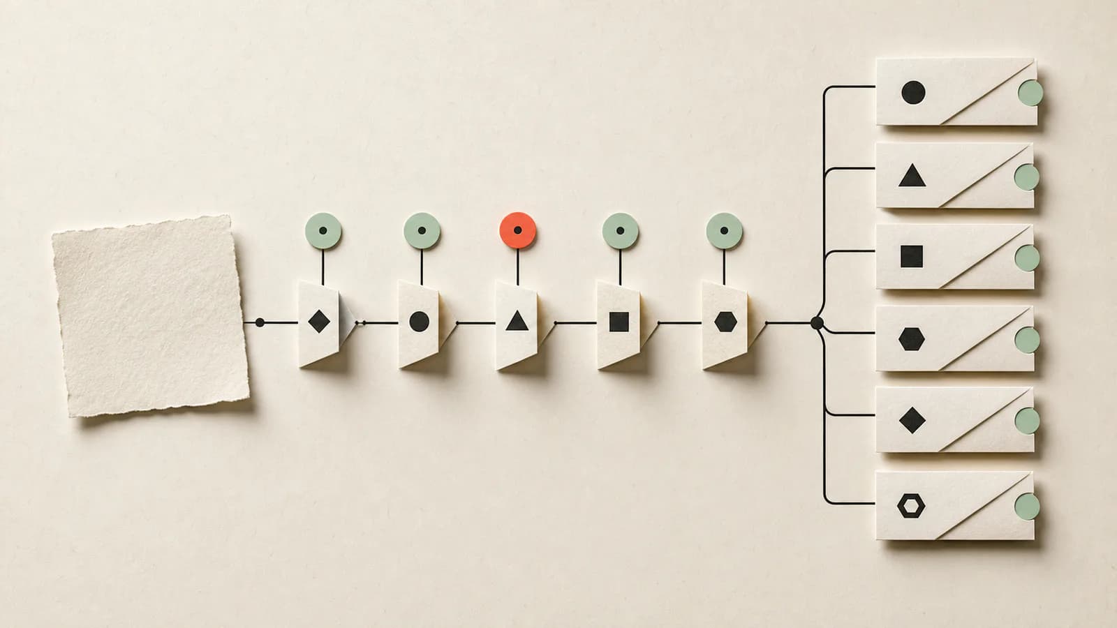 A blank idea passing through decision gates and becoming six structured prompt packets