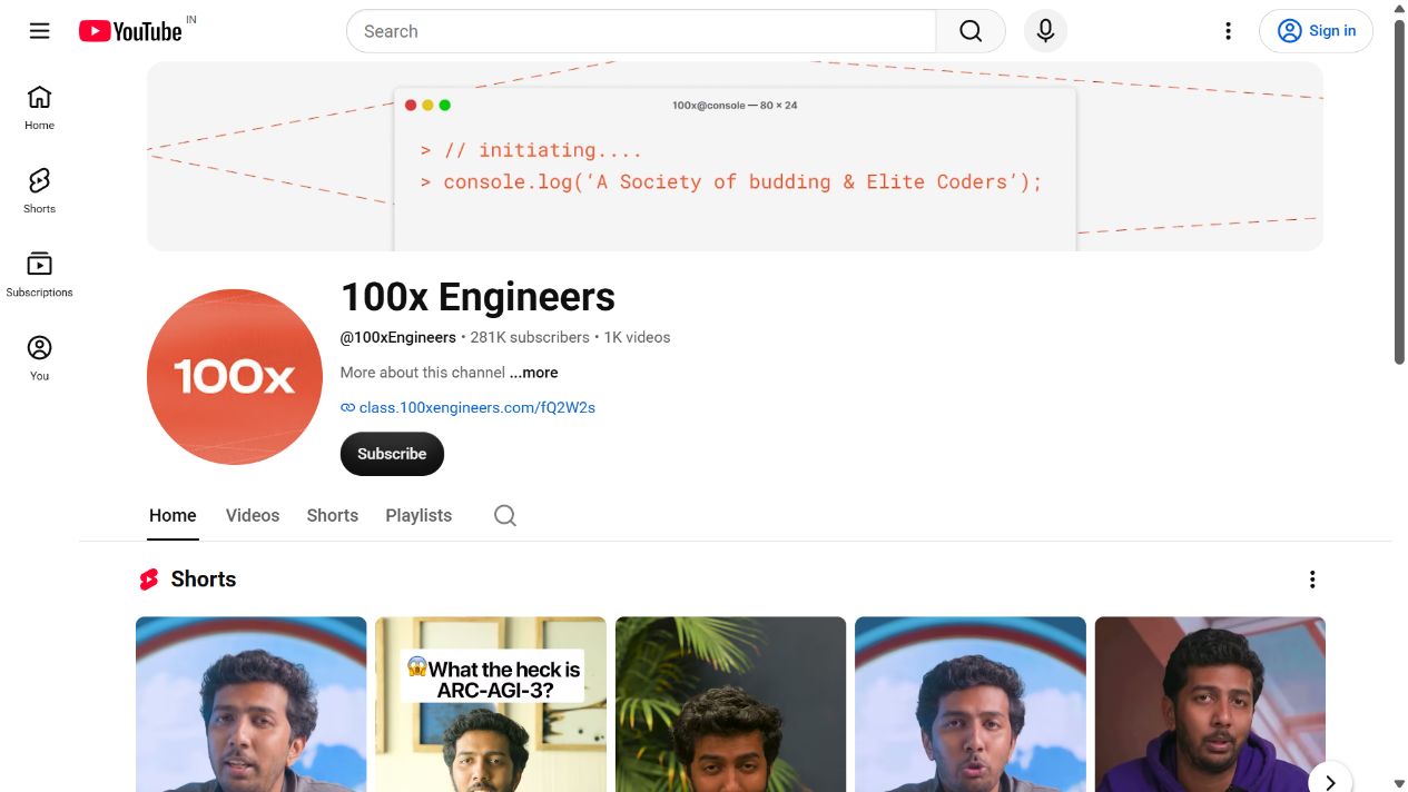 Public YouTube channel preview for 100x Engineers channel