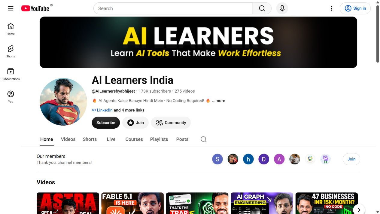 Public YouTube channel preview for AI Learners India channel